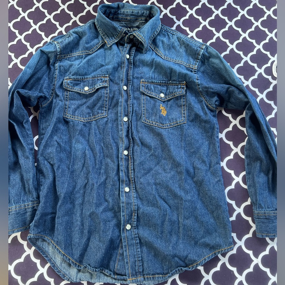 U.S. Polo Boys Denim Jean Button Down Shirt with Pearl Button Snaps